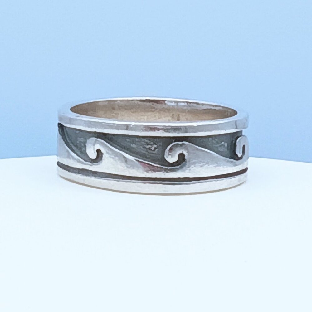 Vintage Sterling Silver Wave Scroll Oxidized Band Ring - Picture 12 of 13